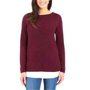 Hilary Radley Women's Long Sleeve Chiffon Bottom Two-Fer Tunic Sweater Wine L